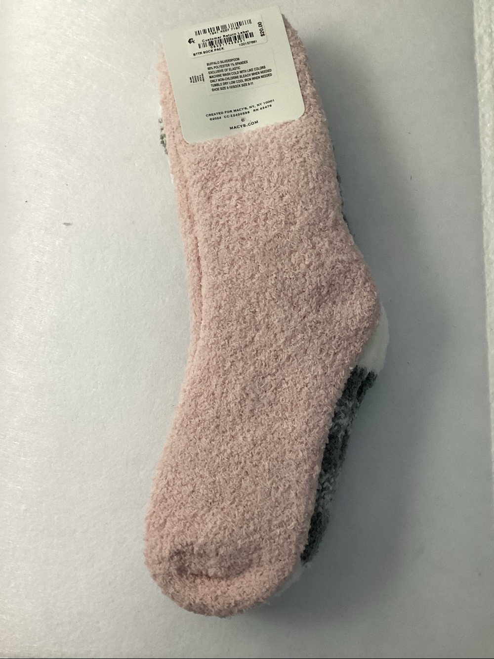 Charter Club Plush Fuzzy Socks - 2 Pairs (Gray & White Checkered and Pink)